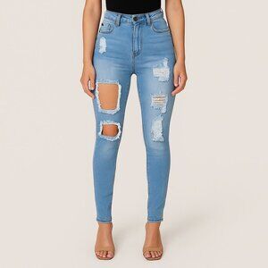 Fashion Nova Distressed Skinny Jeans | Size 3/4 | Light Wash Denim